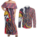 Personalised Adelaide Crows Couples Matching Off Shoulder Maxi Dress and Long Sleeve Button Shirt Trippy Psychedelic Abstract Art Mascot Football Fans