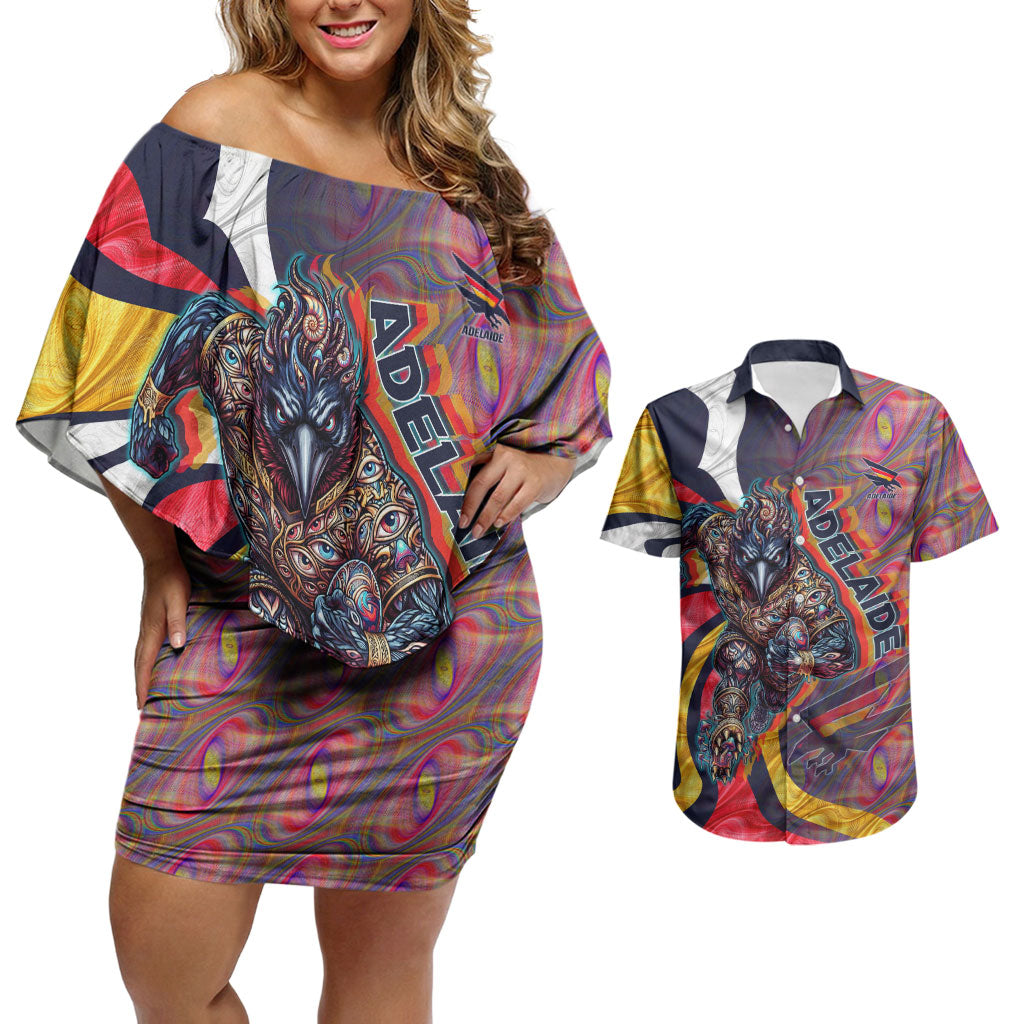 Personalised Adelaide Crows Couples Matching Off Shoulder Short Dress and Hawaiian Shirt Trippy Psychedelic Abstract Art Mascot Football Fans