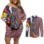 Personalised Adelaide Crows Couples Matching Off Shoulder Short Dress and Long Sleeve Button Shirt Trippy Psychedelic Abstract Art Mascot Football Fans