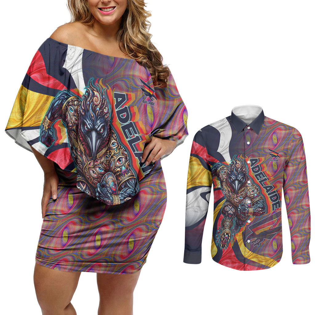 Personalised Adelaide Crows Couples Matching Off Shoulder Short Dress and Long Sleeve Button Shirt Trippy Psychedelic Abstract Art Mascot Football Fans