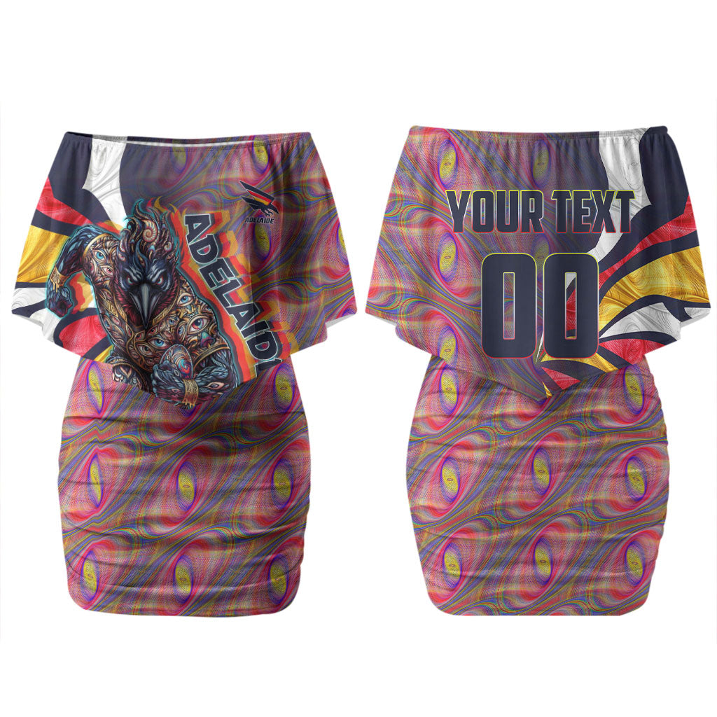 Personalised Adelaide Crows Couples Matching Off Shoulder Short Dress and Long Sleeve Button Shirt Trippy Psychedelic Abstract Art Mascot Football Fans