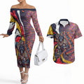 Personalised Adelaide Crows Couples Matching Off The Shoulder Long Sleeve Dress and Hawaiian Shirt Trippy Psychedelic Abstract Art Mascot Football Fans