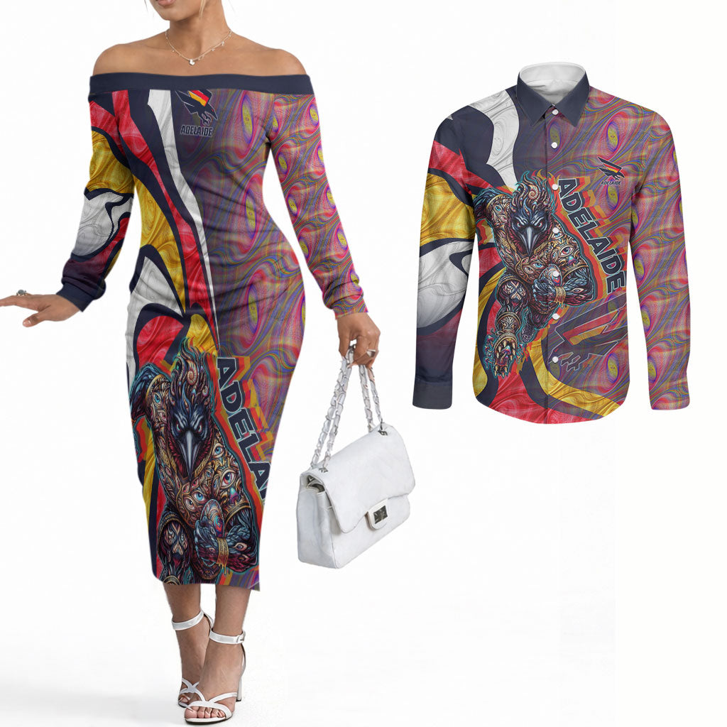 Personalised Adelaide Crows Couples Matching Off The Shoulder Long Sleeve Dress and Long Sleeve Button Shirt Trippy Psychedelic Abstract Art Mascot Football Fans