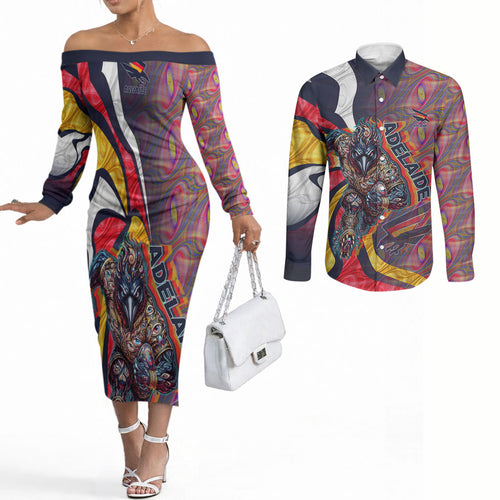 Personalised Adelaide Crows Couples Matching Off The Shoulder Long Sleeve Dress and Long Sleeve Button Shirt Trippy Psychedelic Abstract Art Mascot Football Fans