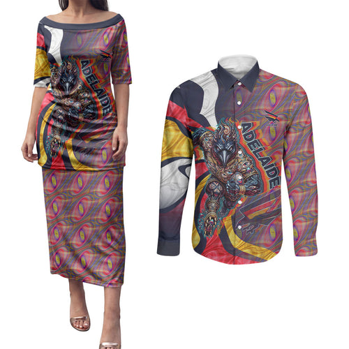 Personalised Adelaide Crows Couples Matching Puletasi and Long Sleeve Button Shirt Trippy Psychedelic Abstract Art Mascot Football Fans