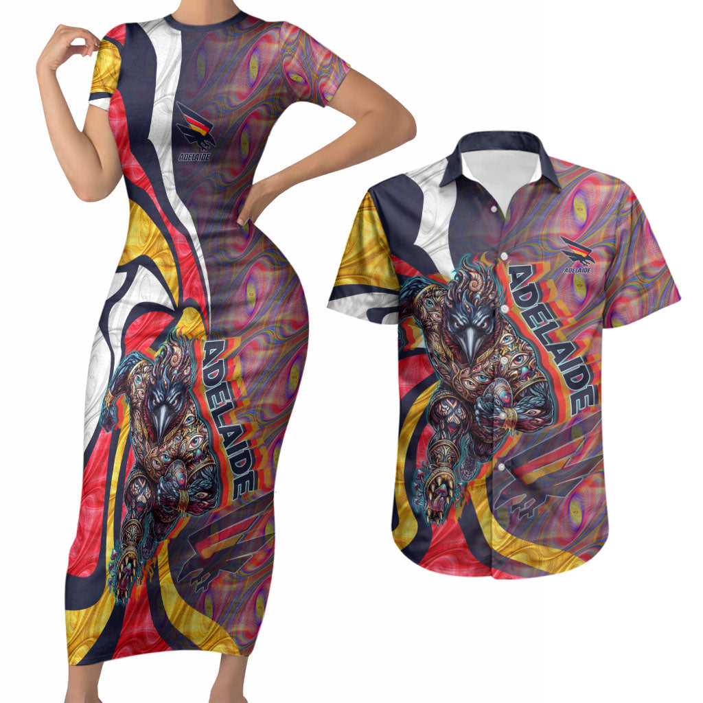 Personalised Adelaide Crows Couples Matching Short Sleeve Bodycon Dress and Hawaiian Shirt Trippy Psychedelic Abstract Art Mascot Football Fans