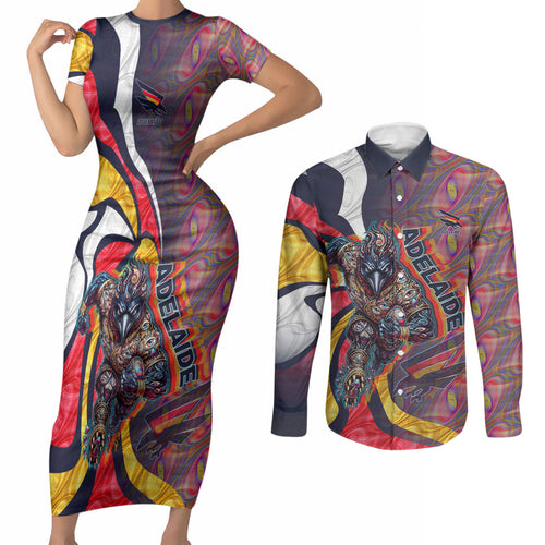 Personalised Adelaide Crows Couples Matching Short Sleeve Bodycon Dress and Long Sleeve Button Shirt Trippy Psychedelic Abstract Art Mascot Football Fans