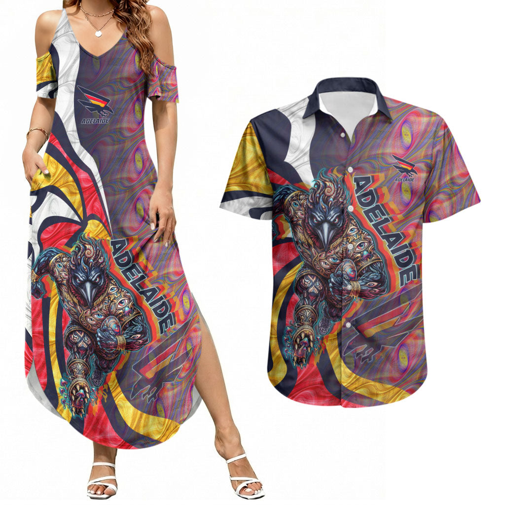 Personalised Adelaide Crows Couples Matching Summer Maxi Dress and Hawaiian Shirt Trippy Psychedelic Abstract Art Mascot Football Fans