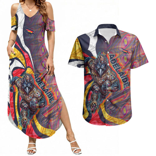 Personalised Adelaide Crows Couples Matching Summer Maxi Dress and Hawaiian Shirt Trippy Psychedelic Abstract Art Mascot Football Fans