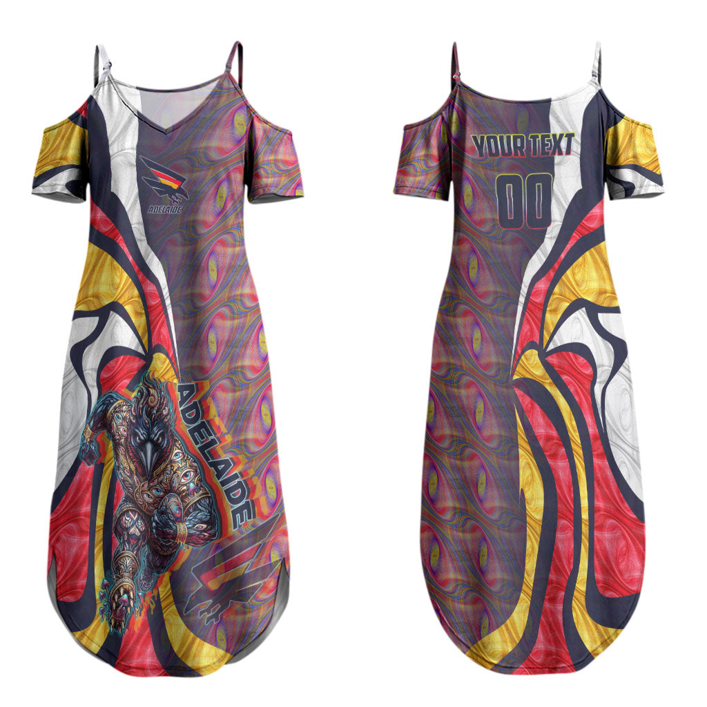 Personalised Adelaide Crows Couples Matching Summer Maxi Dress and Hawaiian Shirt Trippy Psychedelic Abstract Art Mascot Football Fans