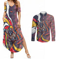 Personalised Adelaide Crows Couples Matching Summer Maxi Dress and Long Sleeve Button Shirt Trippy Psychedelic Abstract Art Mascot Football Fans