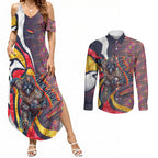 Personalised Adelaide Crows Couples Matching Summer Maxi Dress and Long Sleeve Button Shirt Trippy Psychedelic Abstract Art Mascot Football Fans