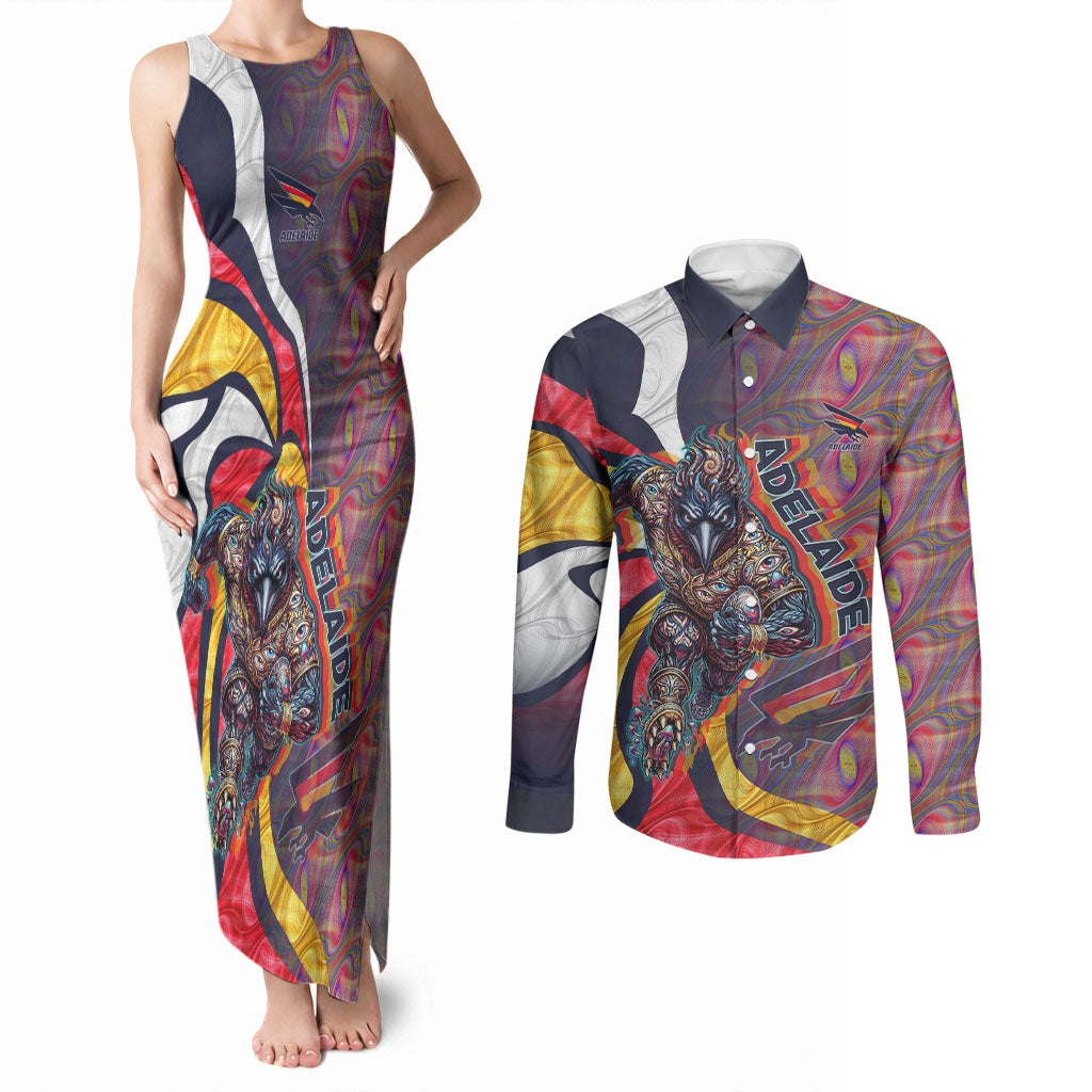 Personalised Adelaide Crows Couples Matching Tank Maxi Dress and Long Sleeve Button Shirt Trippy Psychedelic Abstract Art Mascot Football Fans