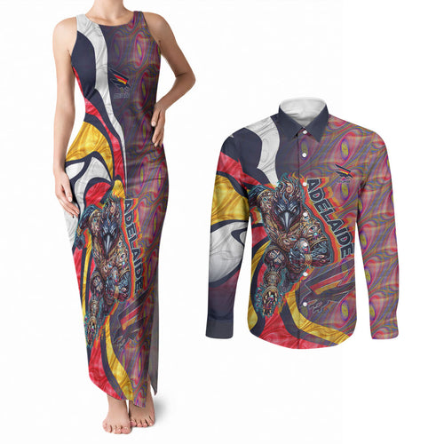 Personalised Adelaide Crows Couples Matching Tank Maxi Dress and Long Sleeve Button Shirt Trippy Psychedelic Abstract Art Mascot Football Fans