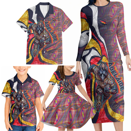 Personalised Adelaide Crows Family Matching Long Sleeve Bodycon Dress and Hawaiian Shirt Trippy Psychedelic Abstract Art Mascot Football Fans