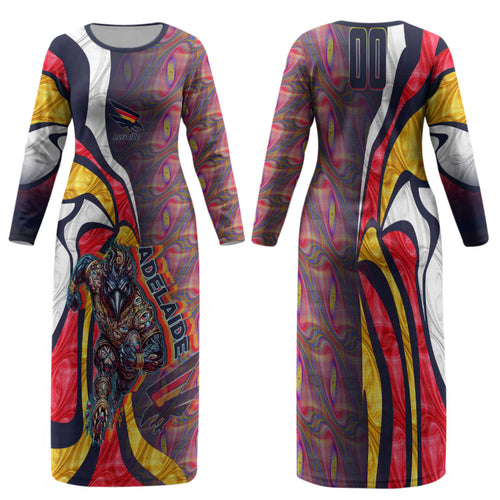 Personalised Adelaide Crows Family Matching Long Sleeve Bodycon Dress and Hawaiian Shirt Trippy Psychedelic Abstract Art Mascot Football Fans