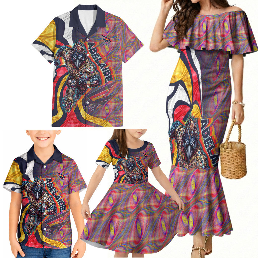 Personalised Adelaide Crows Family Matching Mermaid Dress and Hawaiian Shirt Trippy Psychedelic Abstract Art Mascot Football Fans