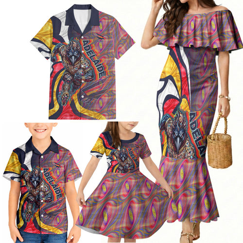 Personalised Adelaide Crows Family Matching Mermaid Dress and Hawaiian Shirt Trippy Psychedelic Abstract Art Mascot Football Fans
