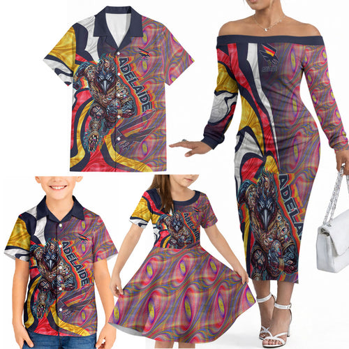 Personalised Adelaide Crows Family Matching Off The Shoulder Long Sleeve Dress and Hawaiian Shirt Trippy Psychedelic Abstract Art Mascot Football Fans