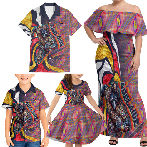 Personalised Adelaide Crows Family Matching Off Shoulder Maxi Dress and Hawaiian Shirt Trippy Psychedelic Abstract Art Mascot Football Fans