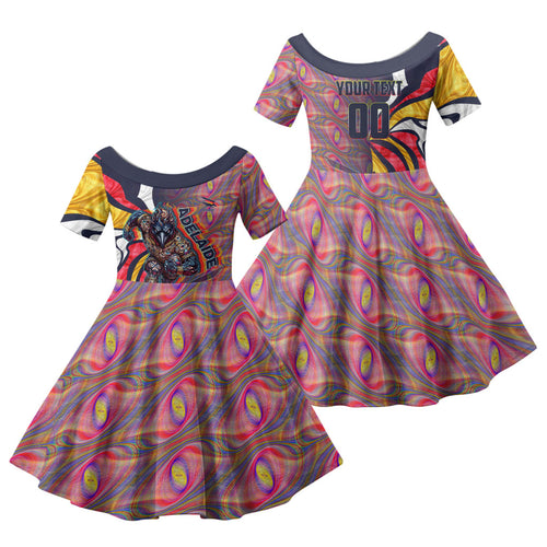 Personalised Adelaide Crows Family Matching Off Shoulder Short Dress and Hawaiian Shirt Trippy Psychedelic Abstract Art Mascot Football Fans
