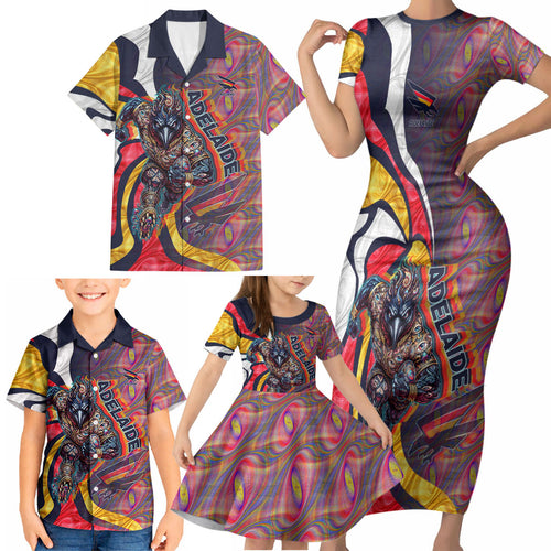 Personalised Adelaide Crows Family Matching Short Sleeve Bodycon Dress and Hawaiian Shirt Trippy Psychedelic Abstract Art Mascot Football Fans