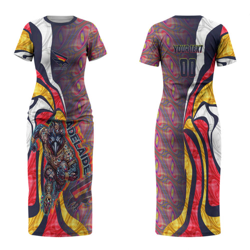 Personalised Adelaide Crows Family Matching Short Sleeve Bodycon Dress and Hawaiian Shirt Trippy Psychedelic Abstract Art Mascot Football Fans