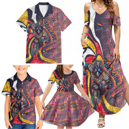 Personalised Adelaide Crows Family Matching Summer Maxi Dress and Hawaiian Shirt Trippy Psychedelic Abstract Art Mascot Football Fans
