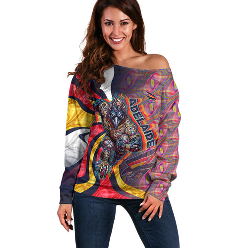 Personalised Adelaide Crows Off Shoulder Sweater Trippy Psychedelic Abstract Art Mascot Football Fans