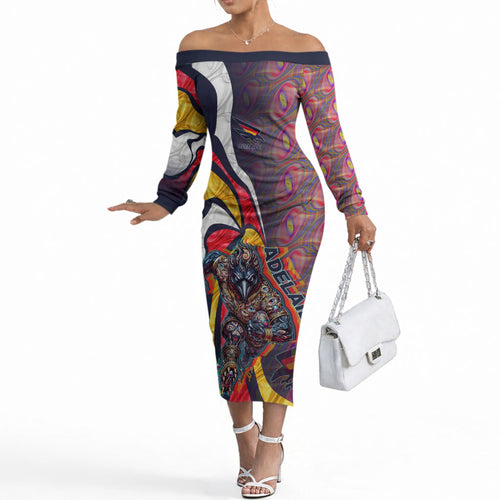 Personalised Adelaide Crows Off The Shoulder Long Sleeve Dress Trippy Psychedelic Abstract Art Mascot Football Fans
