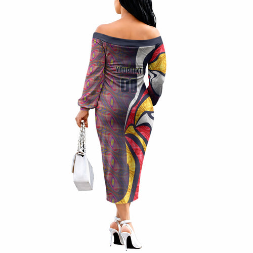 Personalised Adelaide Crows Off The Shoulder Long Sleeve Dress Trippy Psychedelic Abstract Art Mascot Football Fans