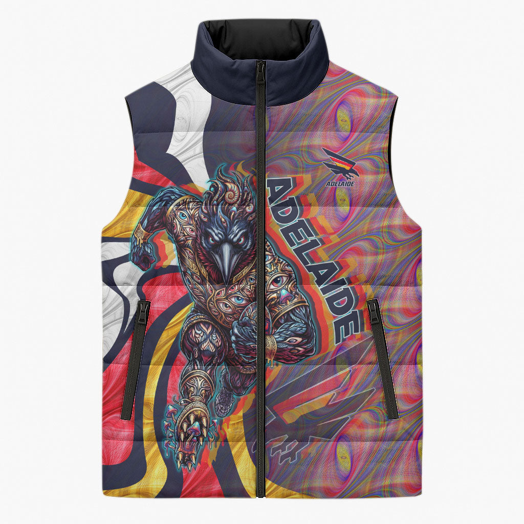 Personalised Adelaide Crows Sleeveless Puffer Jacket Trippy Psychedelic Abstract Art Mascot Football Fans