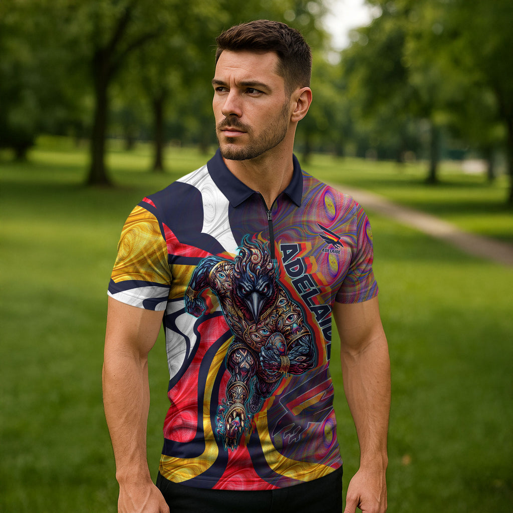 Personalised Adelaide Crows Zipper Polo Shirt Trippy Psychedelic Abstract Art Mascot Football Fans