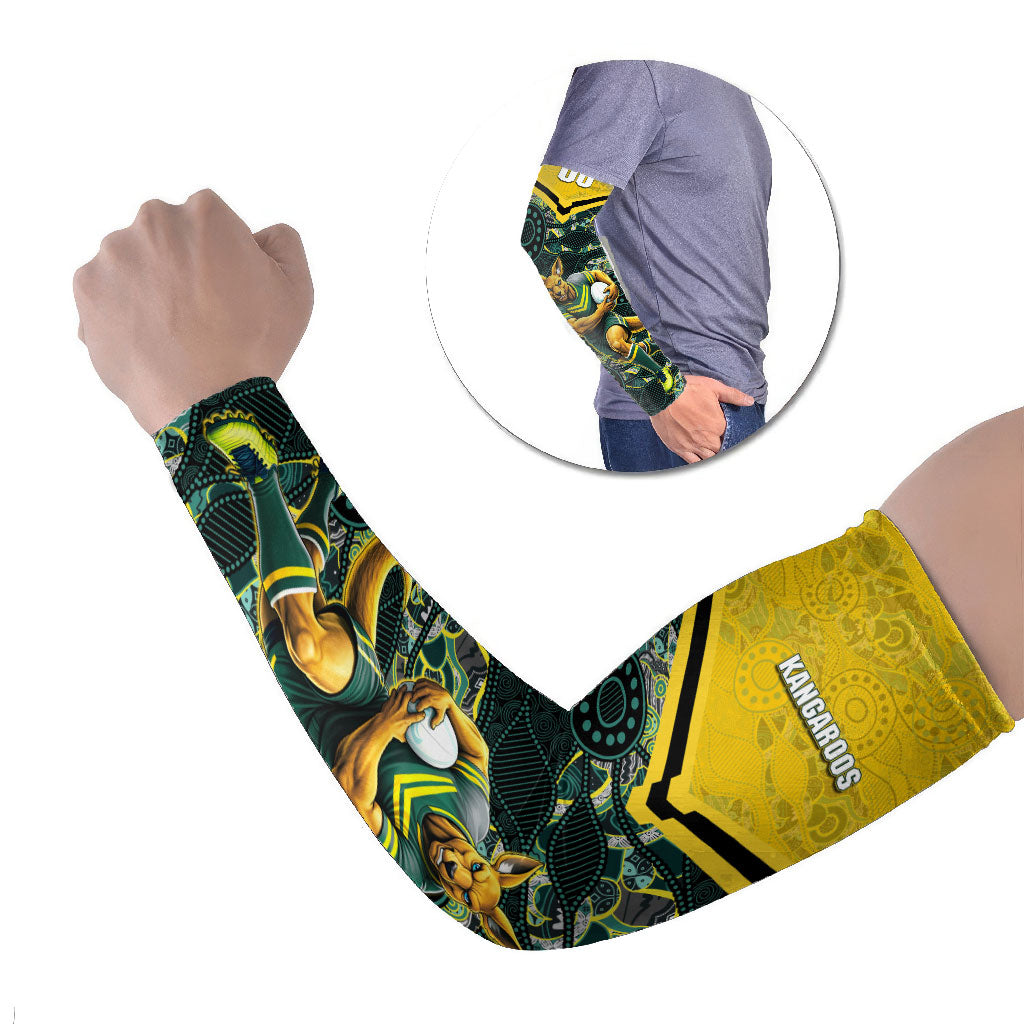 Personalised Kangaroos Rugby Arm Sleeves Aboriginal Pattern Australia Colors Tribal Sports