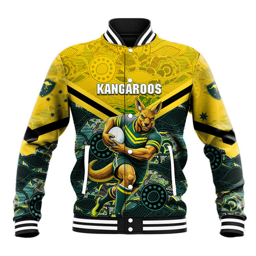 Personalised Kangaroos Rugby Baseball Jacket Aboriginal Pattern Australia Colors Tribal Sports