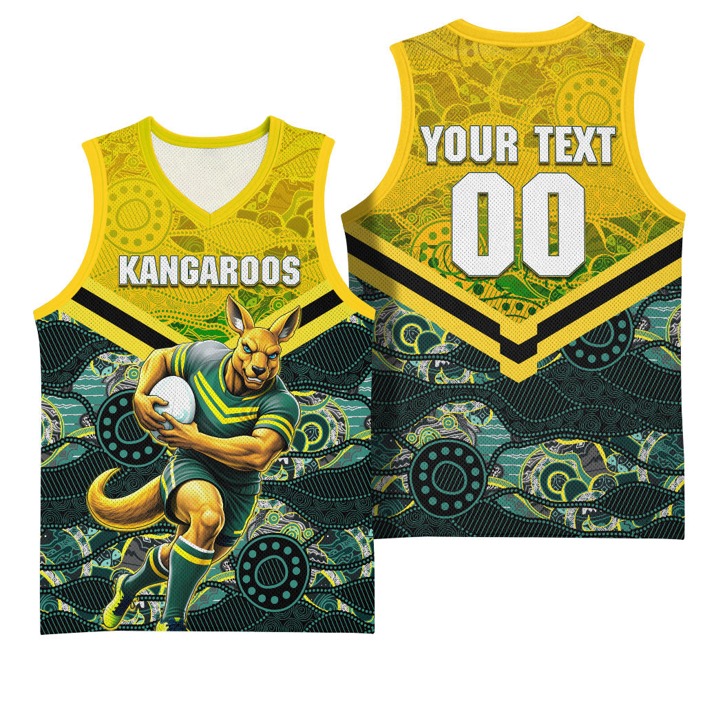 Personalised Kangaroos Rugby Basketball Jersey Aboriginal Pattern Australia Colors Tribal Sports