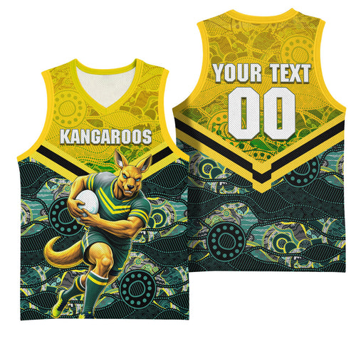 Personalised Kangaroos Rugby Basketball Jersey Aboriginal Pattern Australia Colors Tribal Sports