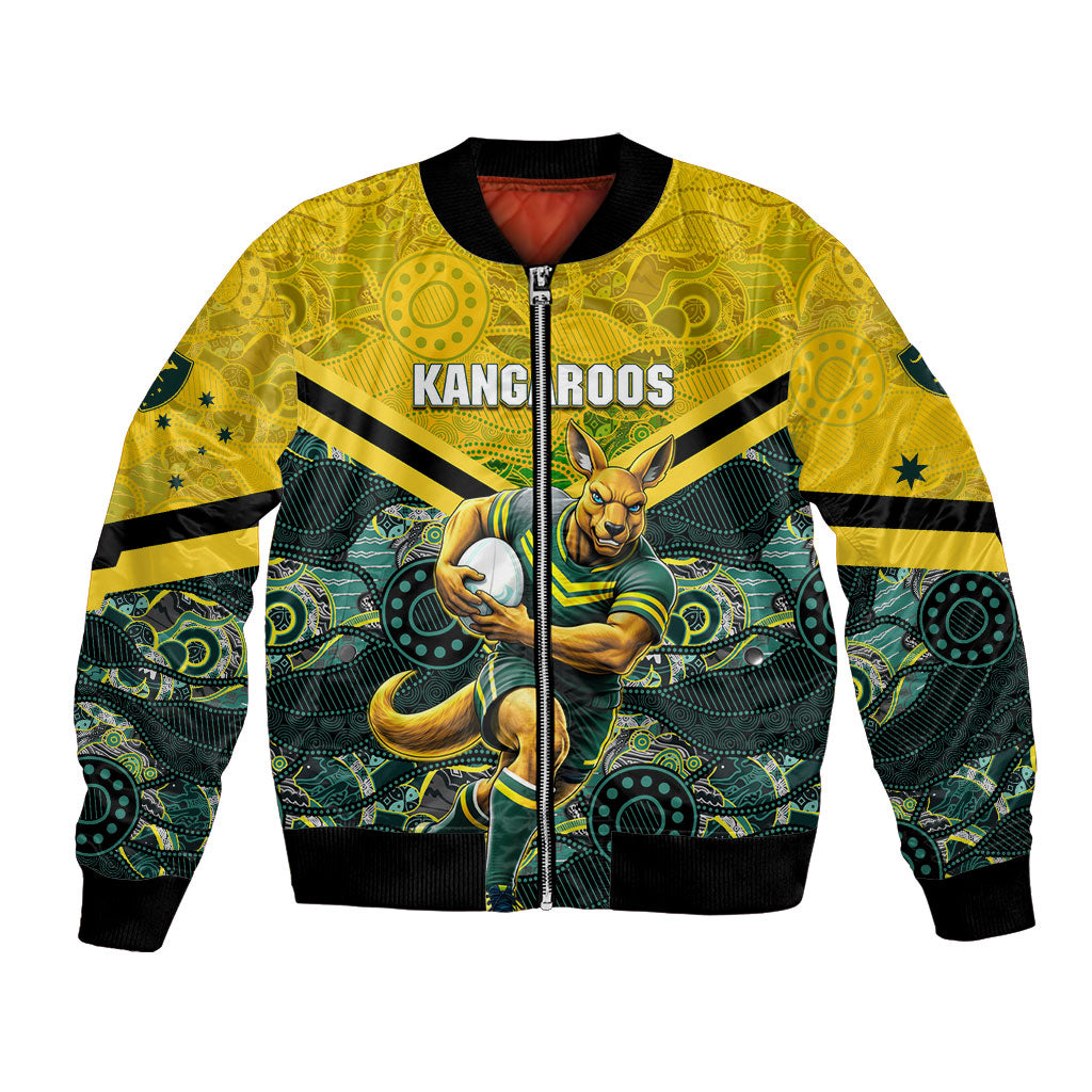 Personalised Kangaroos Rugby Bomber Jacket Aboriginal Pattern Australia Colors Tribal Sports