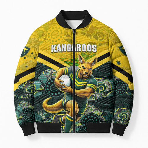 Personalised Kangaroos Rugby Bomber Puffer Jacket Aboriginal Pattern Australia Colors Tribal Sports