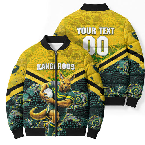 Personalised Kangaroos Rugby Bomber Puffer Jacket Aboriginal Pattern Australia Colors Tribal Sports