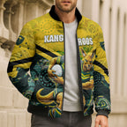 Personalised Kangaroos Rugby Bomber Puffer Jacket Aboriginal Pattern Australia Colors Tribal Sports