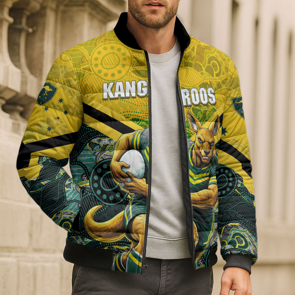 Personalised Kangaroos Rugby Bomber Puffer Jacket Aboriginal Pattern Australia Colors Tribal Sports