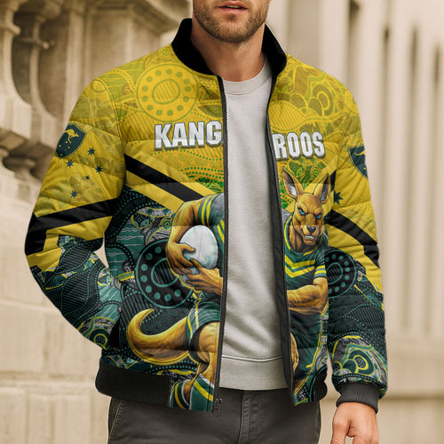 Personalised Kangaroos Rugby Bomber Puffer Jacket Aboriginal Pattern Australia Colors Tribal Sports