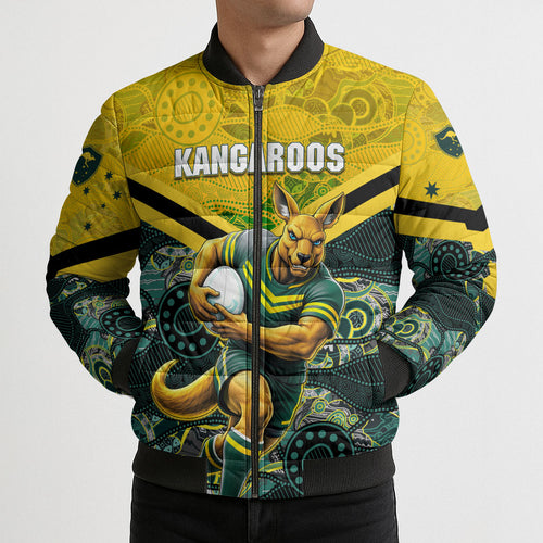 Personalised Kangaroos Rugby Bomber Puffer Jacket Aboriginal Pattern Australia Colors Tribal Sports