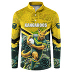Personalised Kangaroos Rugby Button Sweatshirt Aboriginal Pattern Australia Colors Tribal Sports