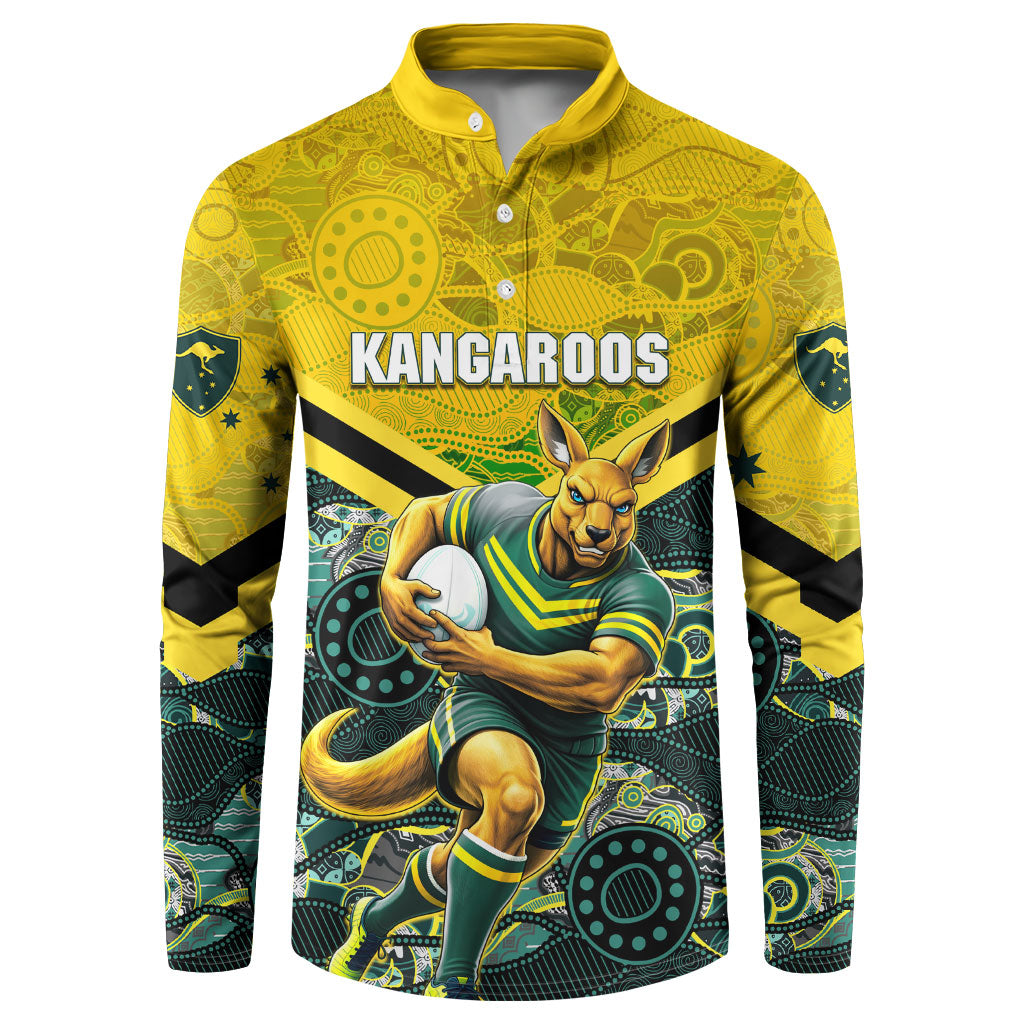 Personalised Kangaroos Rugby Button Sweatshirt Aboriginal Pattern Australia Colors Tribal Sports