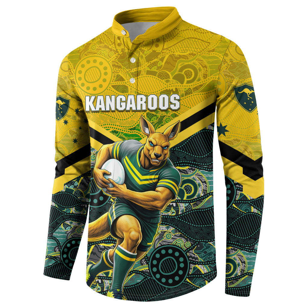 Personalised Kangaroos Rugby Button Sweatshirt Aboriginal Pattern Australia Colors Tribal Sports