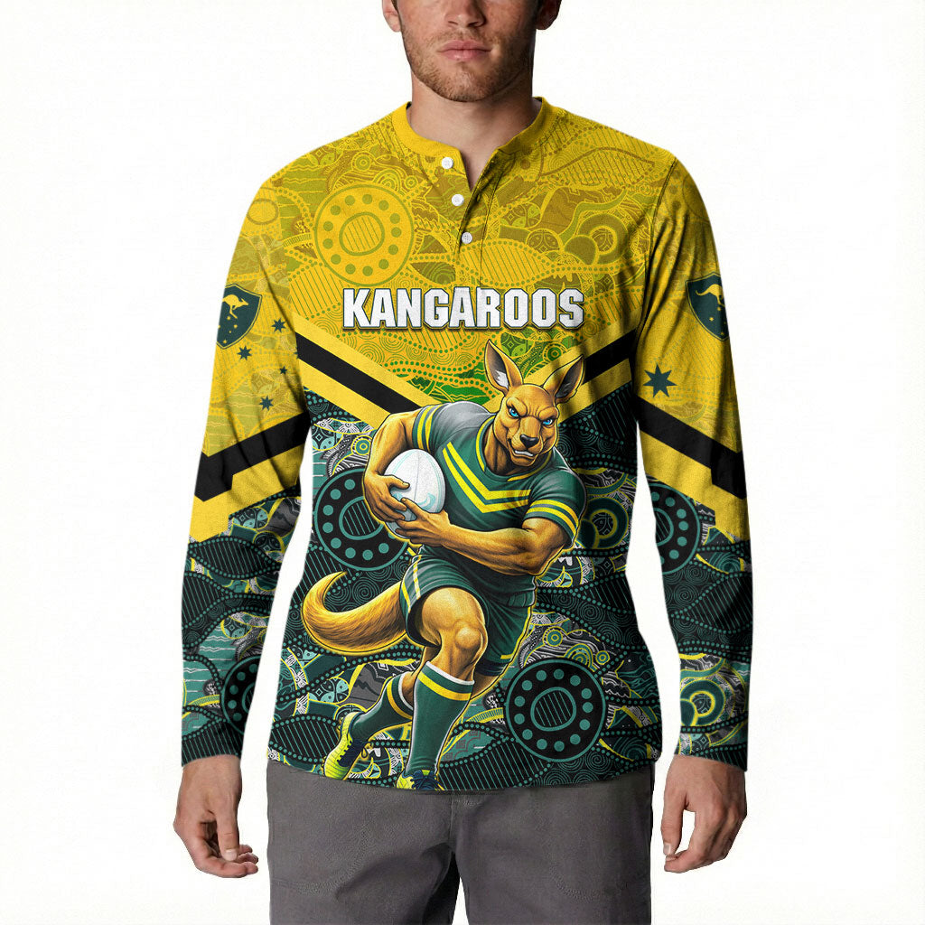 Personalised Kangaroos Rugby Button Sweatshirt Aboriginal Pattern Australia Colors Tribal Sports