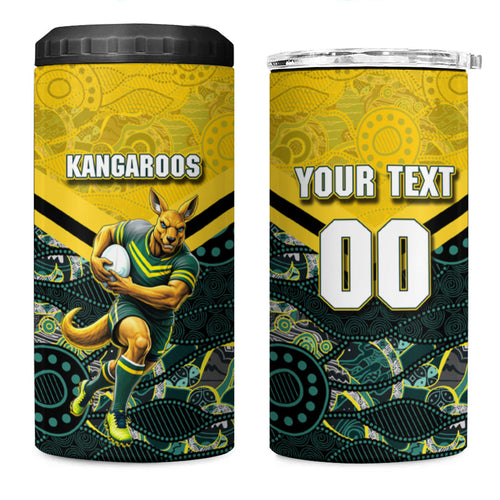 Personalised Kangaroos Rugby 4 in 1 Can Cooler Tumbler Aboriginal Pattern Australia Colors Tribal Sports