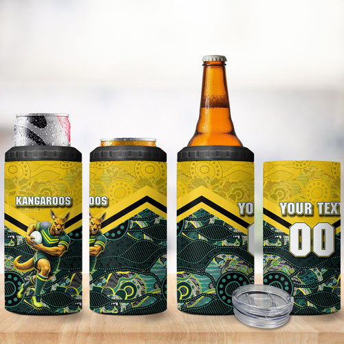 Personalised Kangaroos Rugby 4 in 1 Can Cooler Tumbler Aboriginal Pattern Australia Colors Tribal Sports